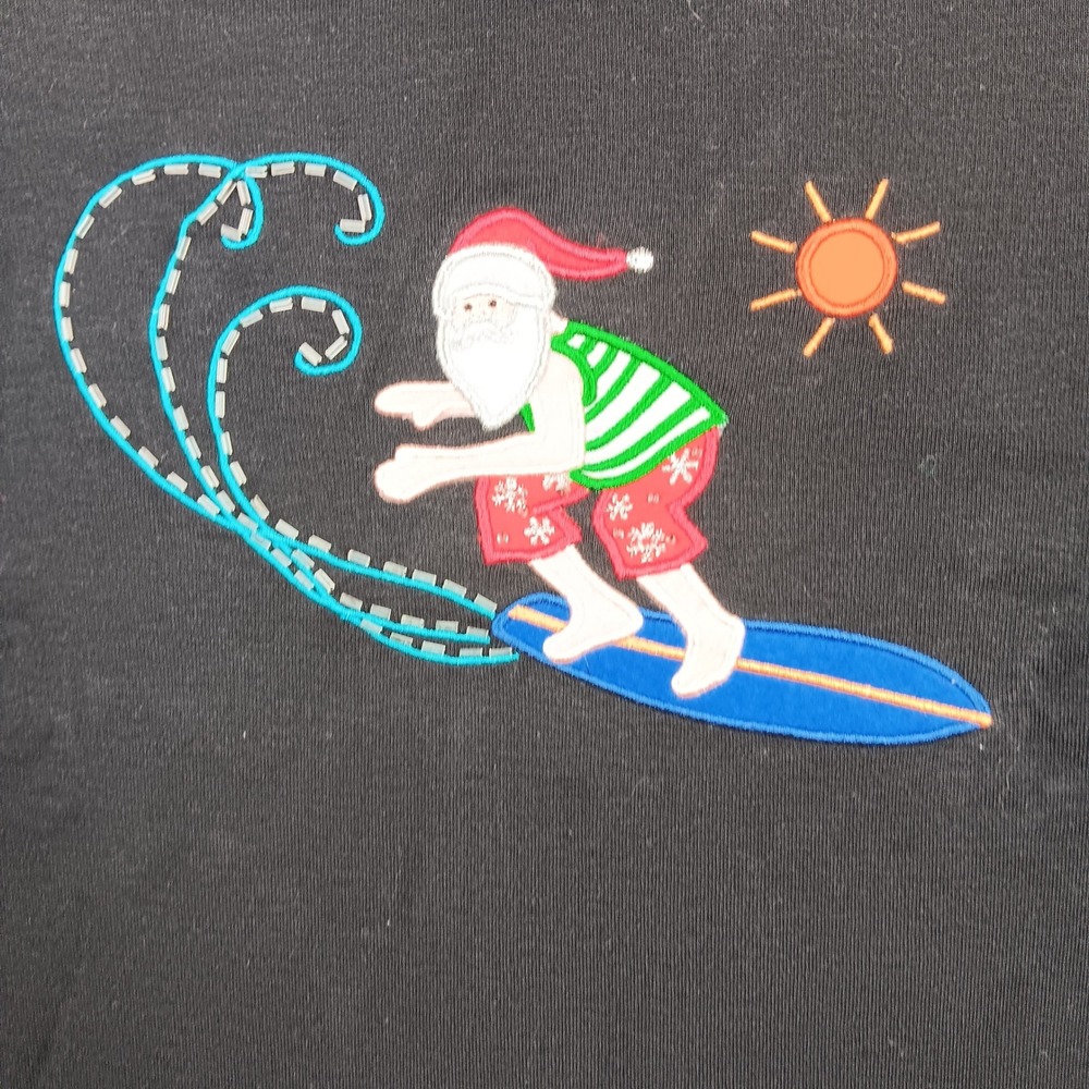 C.B. Casual Top Surfing Santa Womens 1X Black Embroidered Holiday 3/4 Sleeve